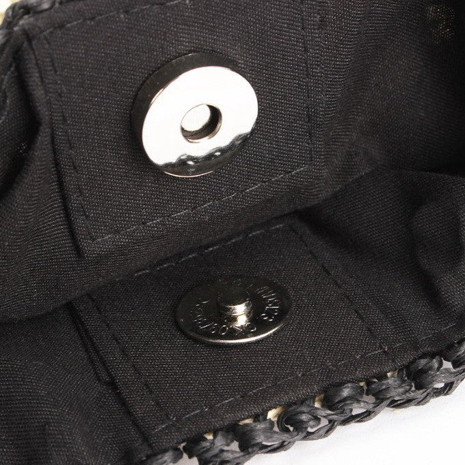 Close-up of a black bag with metal buttons on a white background