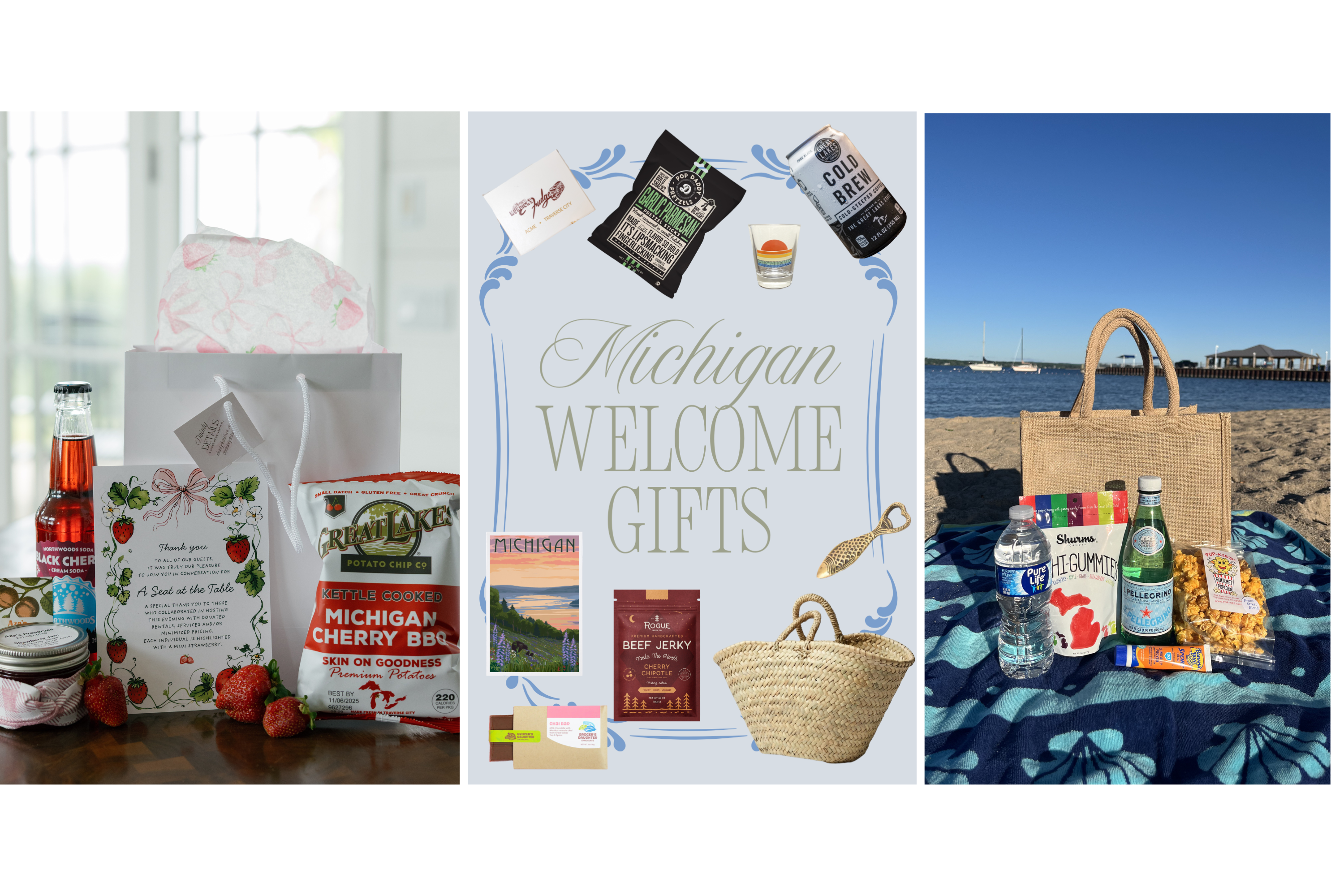 Photos displaying various types of gift bags including reusable jute tote bag and woven basket along with Michigan made goods available in Traverse City, Petoskey with custom stationery. 