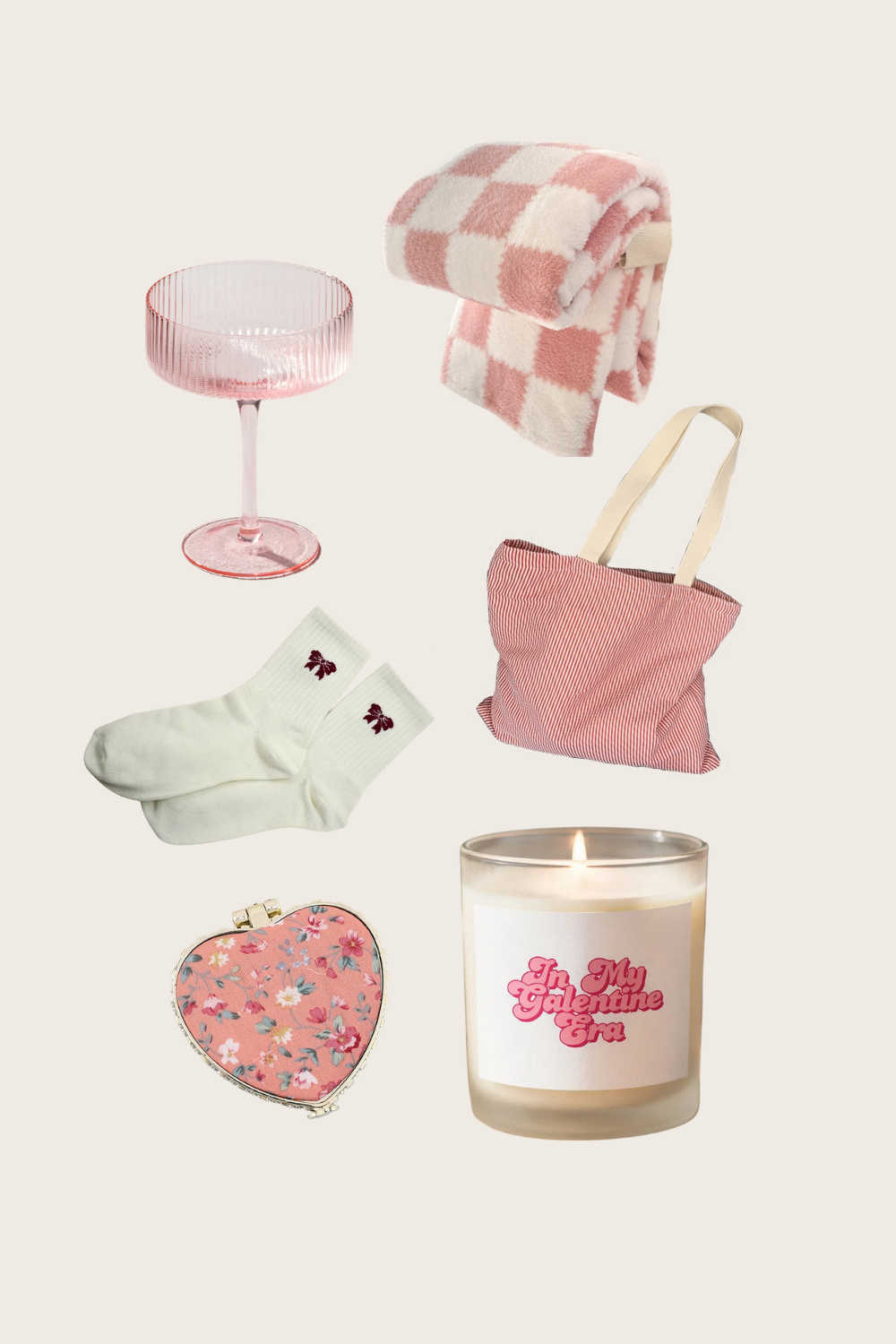 Collection of pink bridesmaid proposal gift ideas including champagne glass, fuzzy socks, striped tote bag, custom candle, pocket mirror, and gingham pattern blanket.