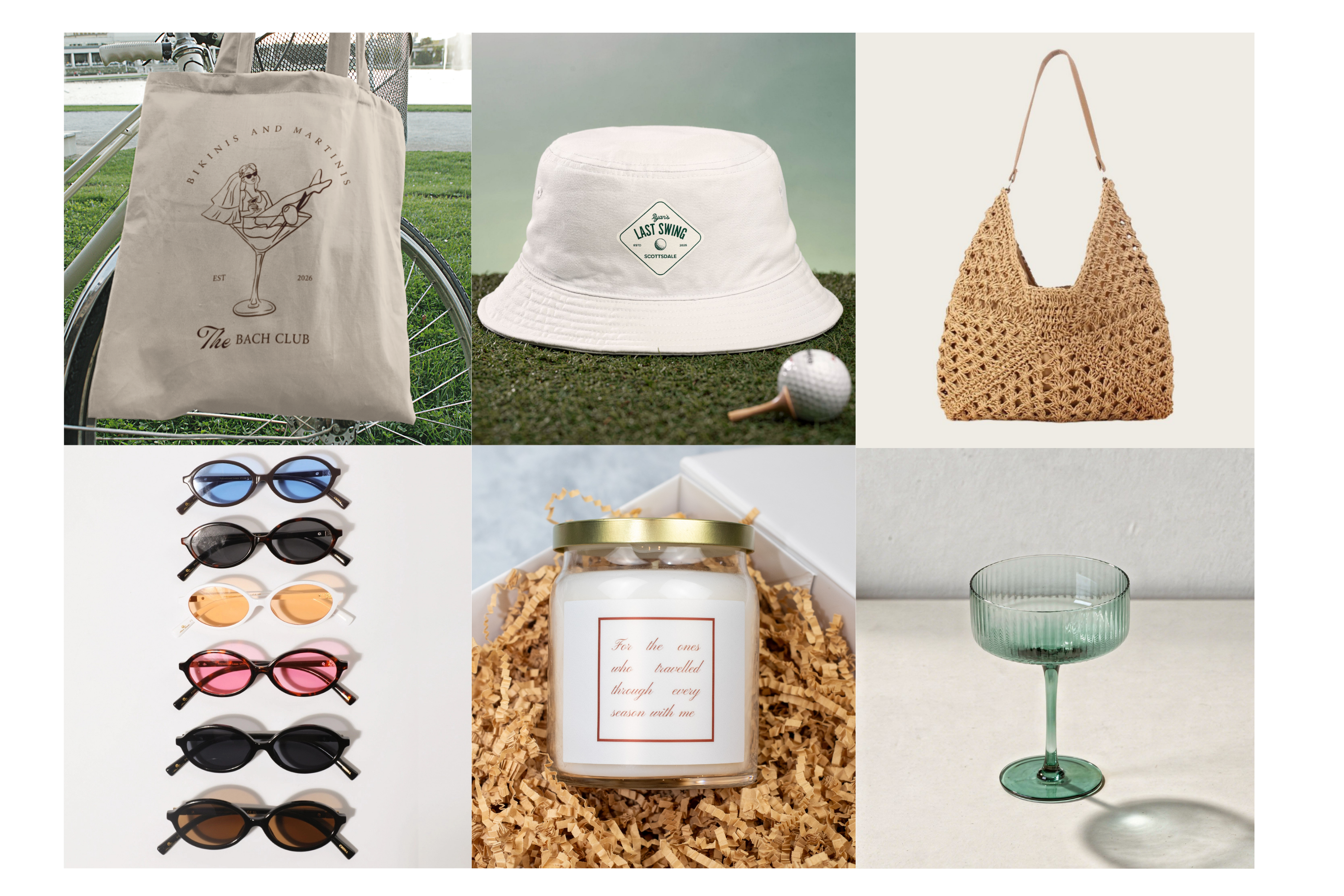 Bikinis and Martinis bachelorette themed bag. Sleek & stylish sunglasses. Last swing bachelor party hats. Custom bridesmaid proposal candle.  Woven tote bag. Green coupe champagne glass. 